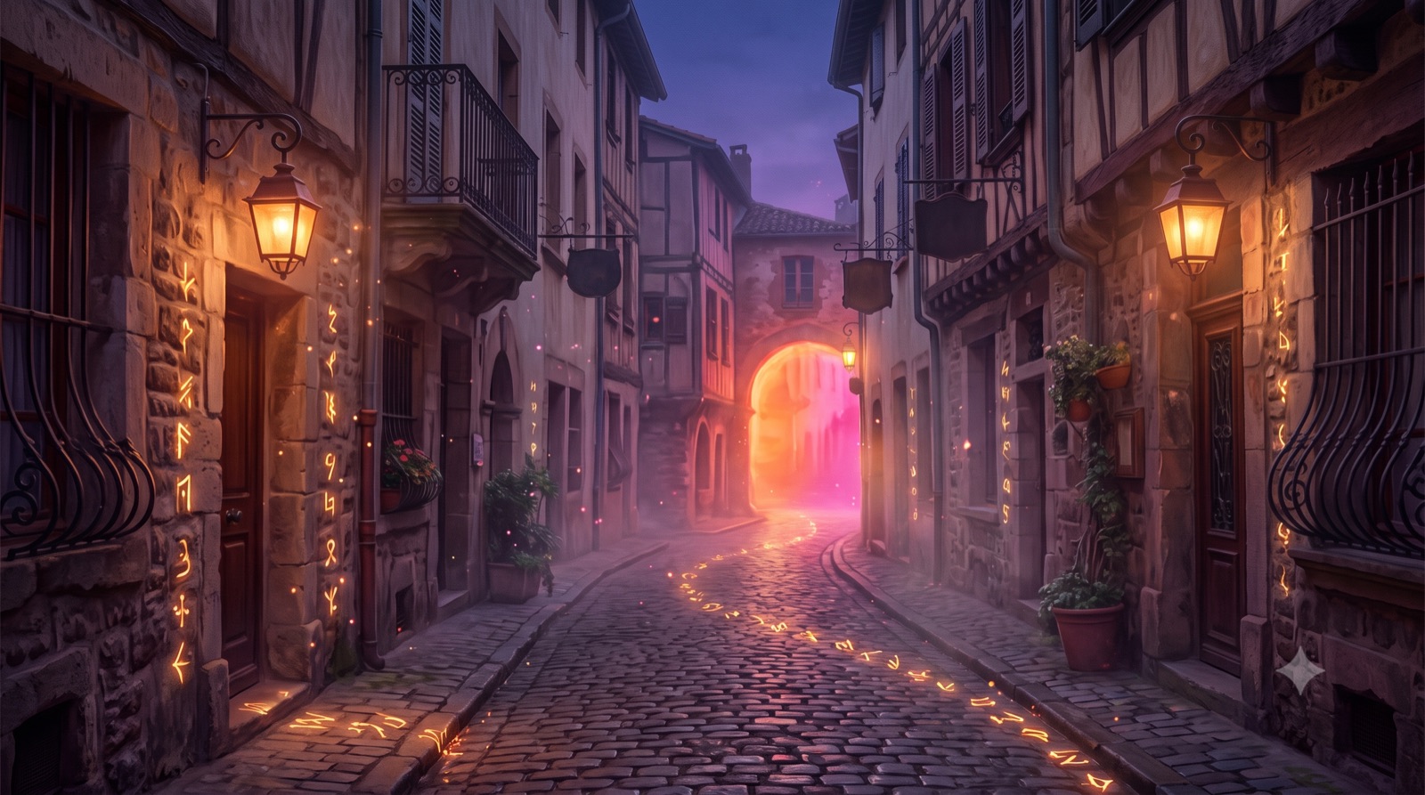 A misty old-town alley at dusk with glowing clues leading toward a bright archway